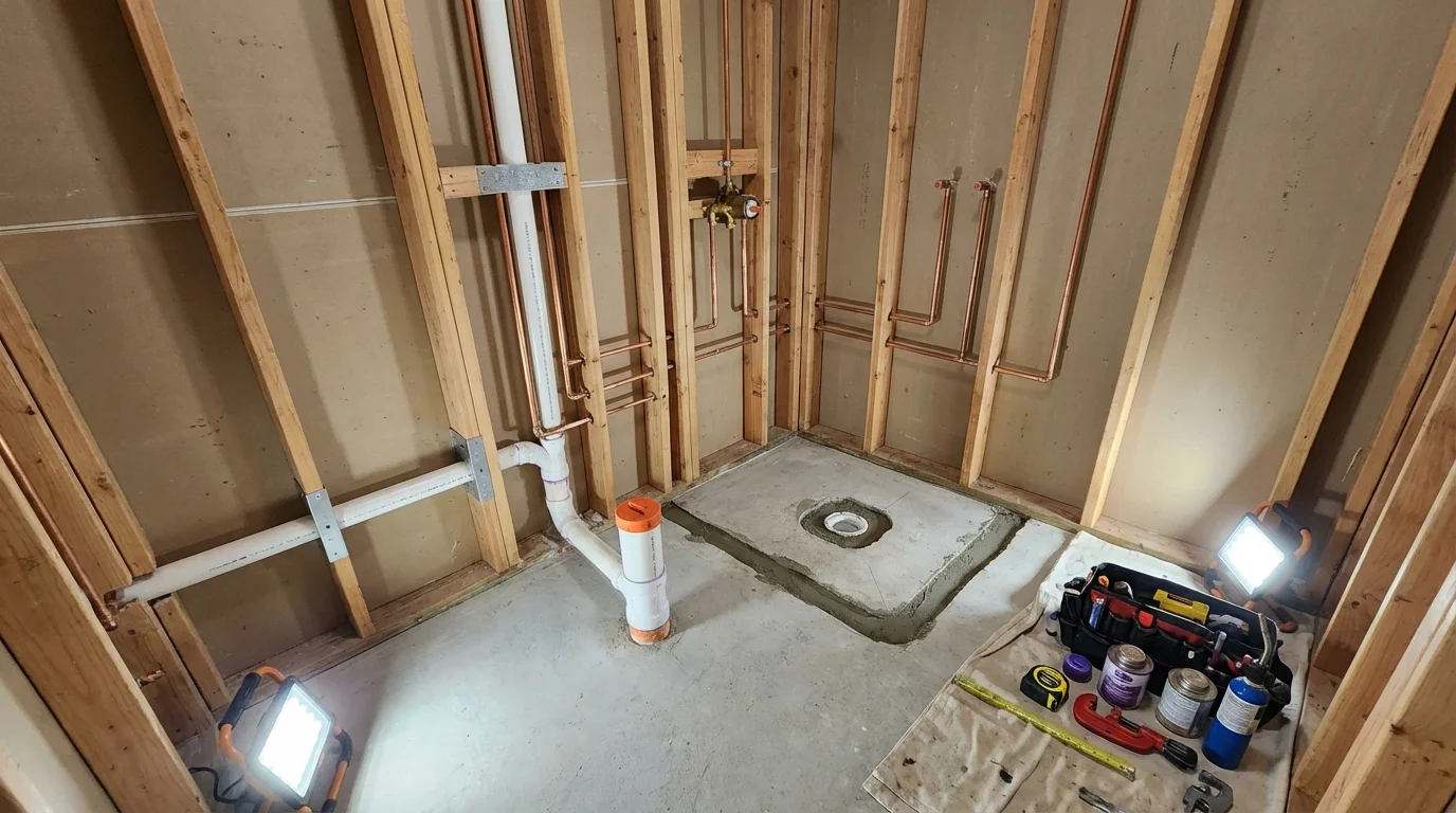 Bathroom rough-in plumbing during remodel by Johns Plumbing LLC in Centerport