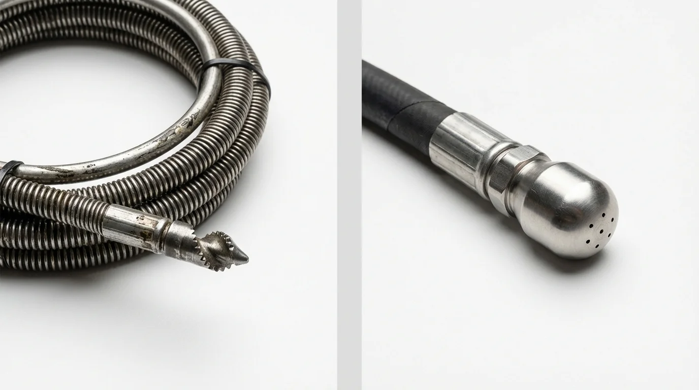 Drain snake cable and hydro jetting nozzle used for drain cleaning in Centerport, NY