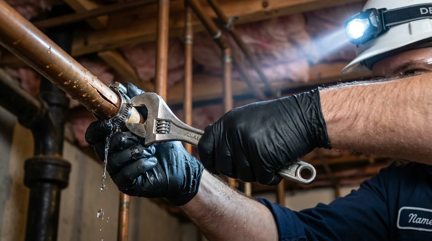 Emergency pipe clamp repair being performed by a Johns Plumbing LLC plumber in Centerport