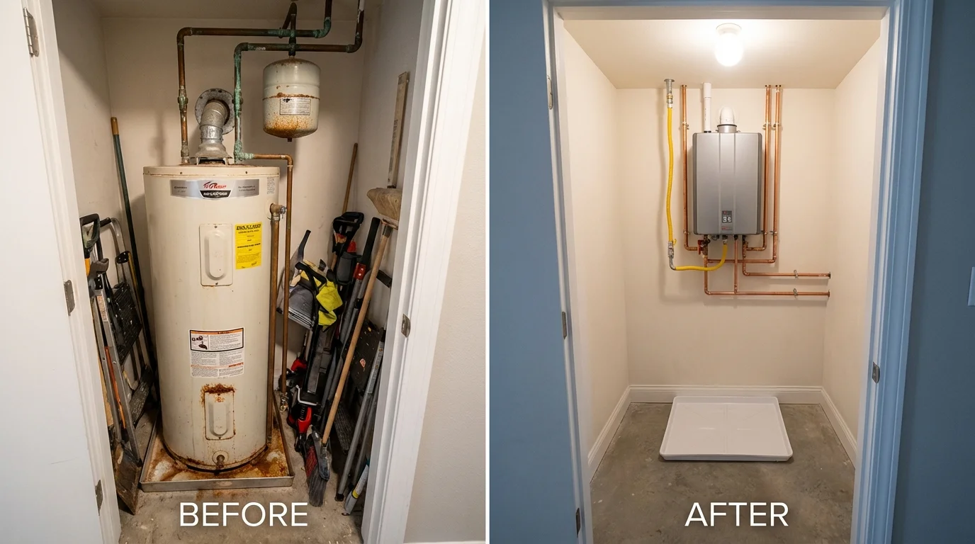 Tank water heater versus wall-mounted tankless unit comparison for Centerport, NY homeowners