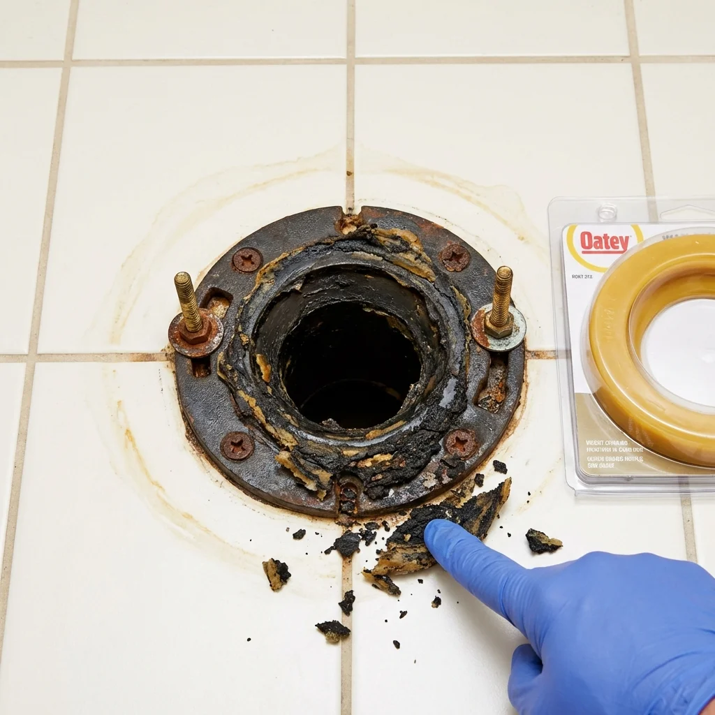 Failed wax ring showing water seepage at the base of a toilet in a Centerport, NY home