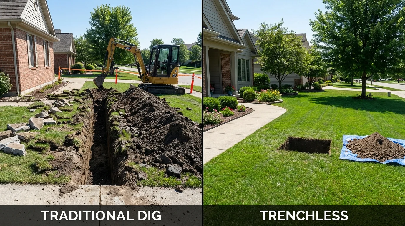 Trenchless sewer repair with minimal yard damage versus traditional excavation in Centerport, NY