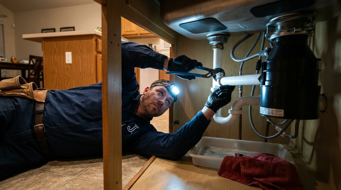 P-trap and supply line connections under a kitchen sink showing a common leak point in Centerport, NY